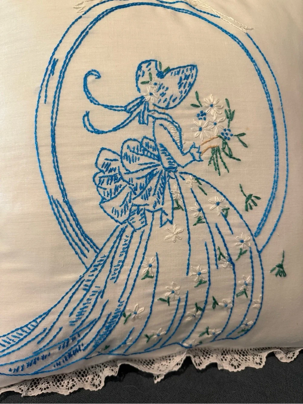 Vintage-Style Lace Edge Decorative Pillow - Blue Embroidered Maiden